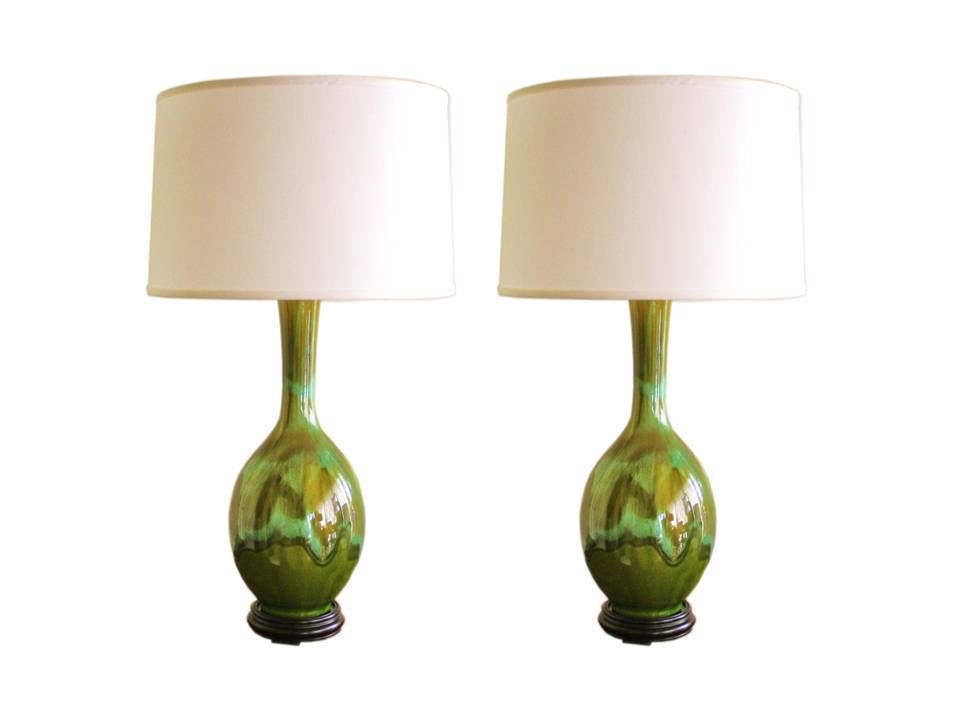 Mid-century modern green glazed ceramic table lamp, Mad Men style