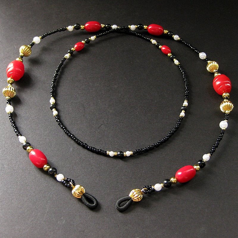 Red Eyeglass Chain Beaded with Black, White Pearls and Gold