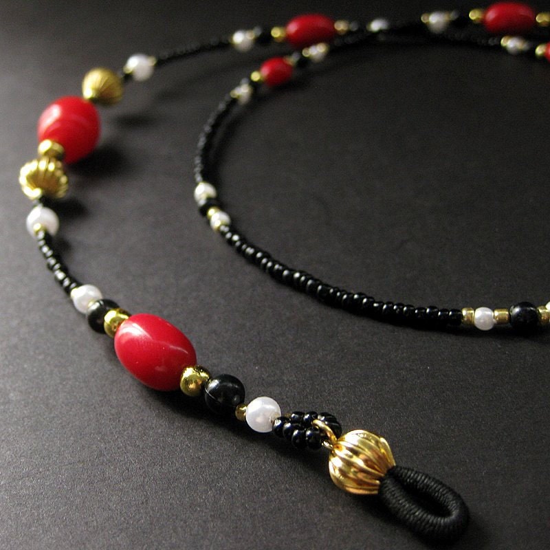 Red Eyeglass Chain Beaded with Black, White Pearls and Gold