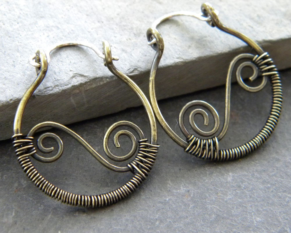 earrings hoop. solid brass scrolls, wire wrapped, oxidized brass hoops