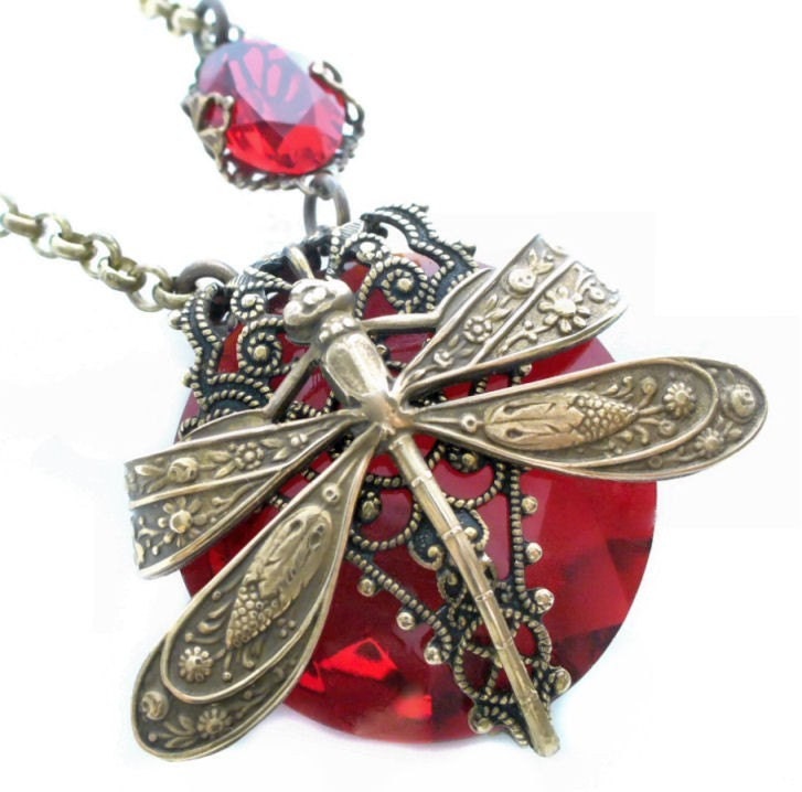 La Belle Epoque - Jeweled Dragonfly Art Necklace by Vintage Filigree Jewels