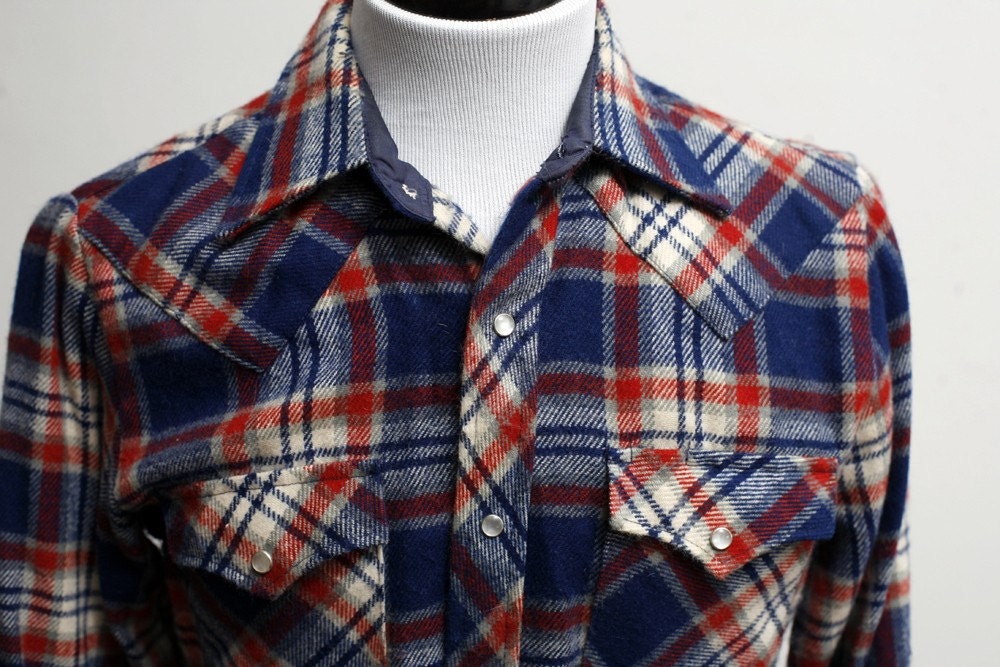 Upcycled Vintage Blue Plaid Men's Small Shirt with Screen Printed Anchor