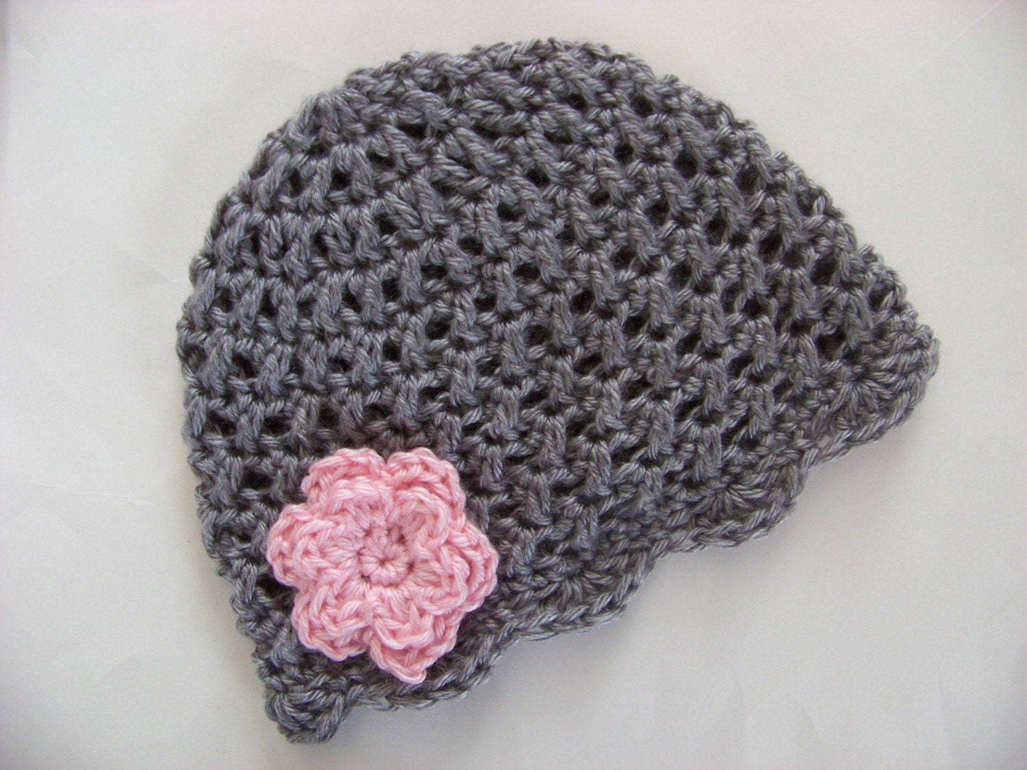 Baby Girl Crochet Beanie Hat Gray with Pink Flower