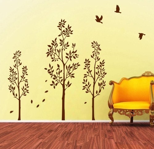 Vinyl Wall Decal---Three Trees with Birds---Wall Art Home Decor Murals Vinyl 