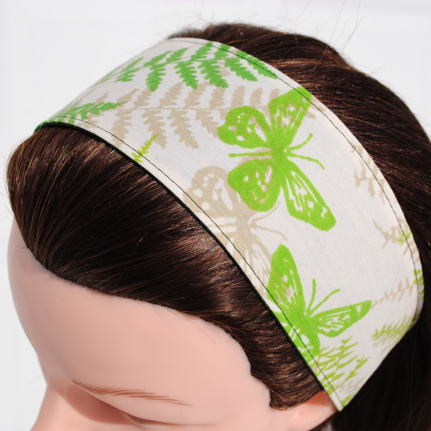  Headband, Vintage Fabric, Green and Tan Butterfly, Wide