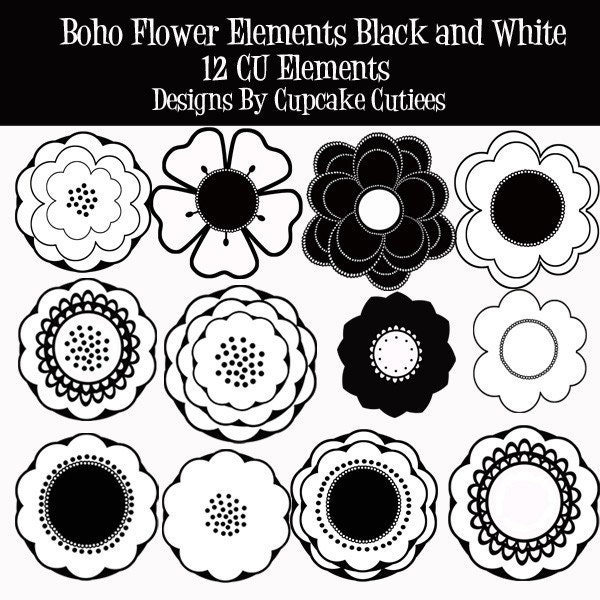 black and white flowers clipart. Boho Flowers Digital Clipart