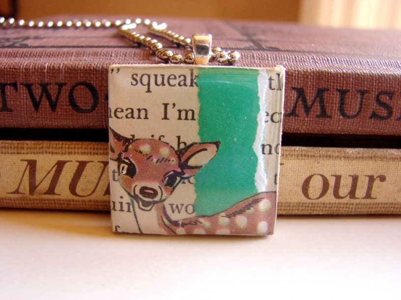 Kawaii Deer- A Big Wood and Resin Collage Picture Pendant- Pendant Only- handmade