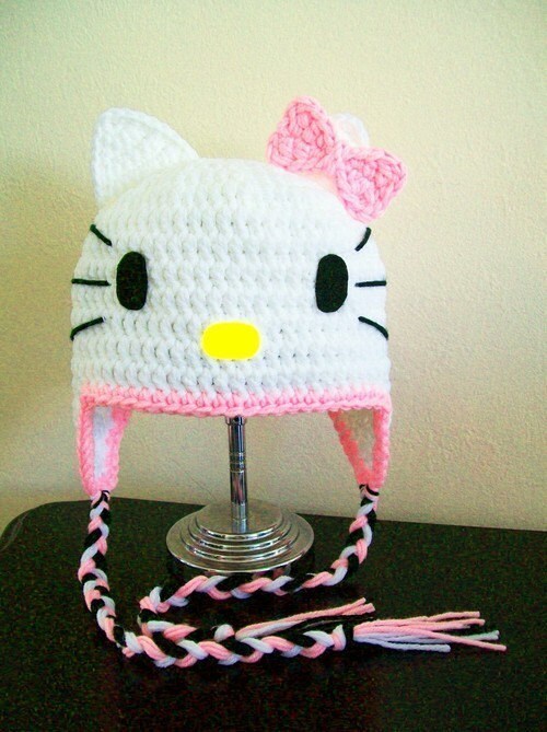 Hello Kitty Hat with Ear Flaps and Braids Pink Bow Handmade Crochet Custom 