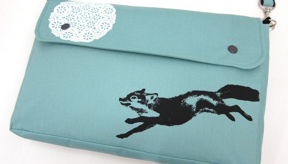 Messenger Bag in Robins Egg Blue with a Fox and Lace