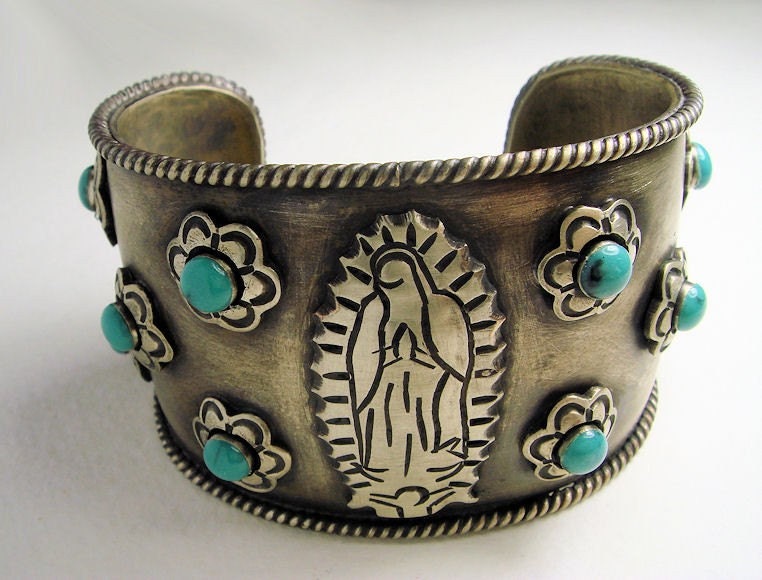 Mexican VIRGEN de GUADALUPE Silver Cuff BRACELET with Turquoise FLOWERS