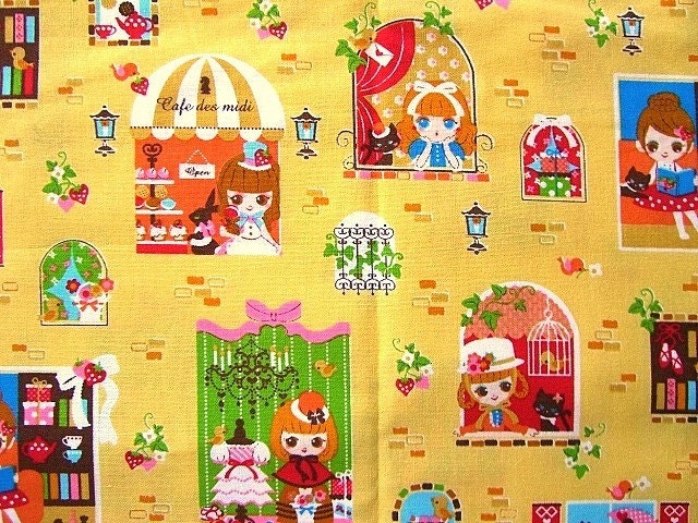 Kawaii Cute Japanese Fabric - Cafe Des Midi - Cute Girls And Cats in Sweets Town HALF YARD (F455)