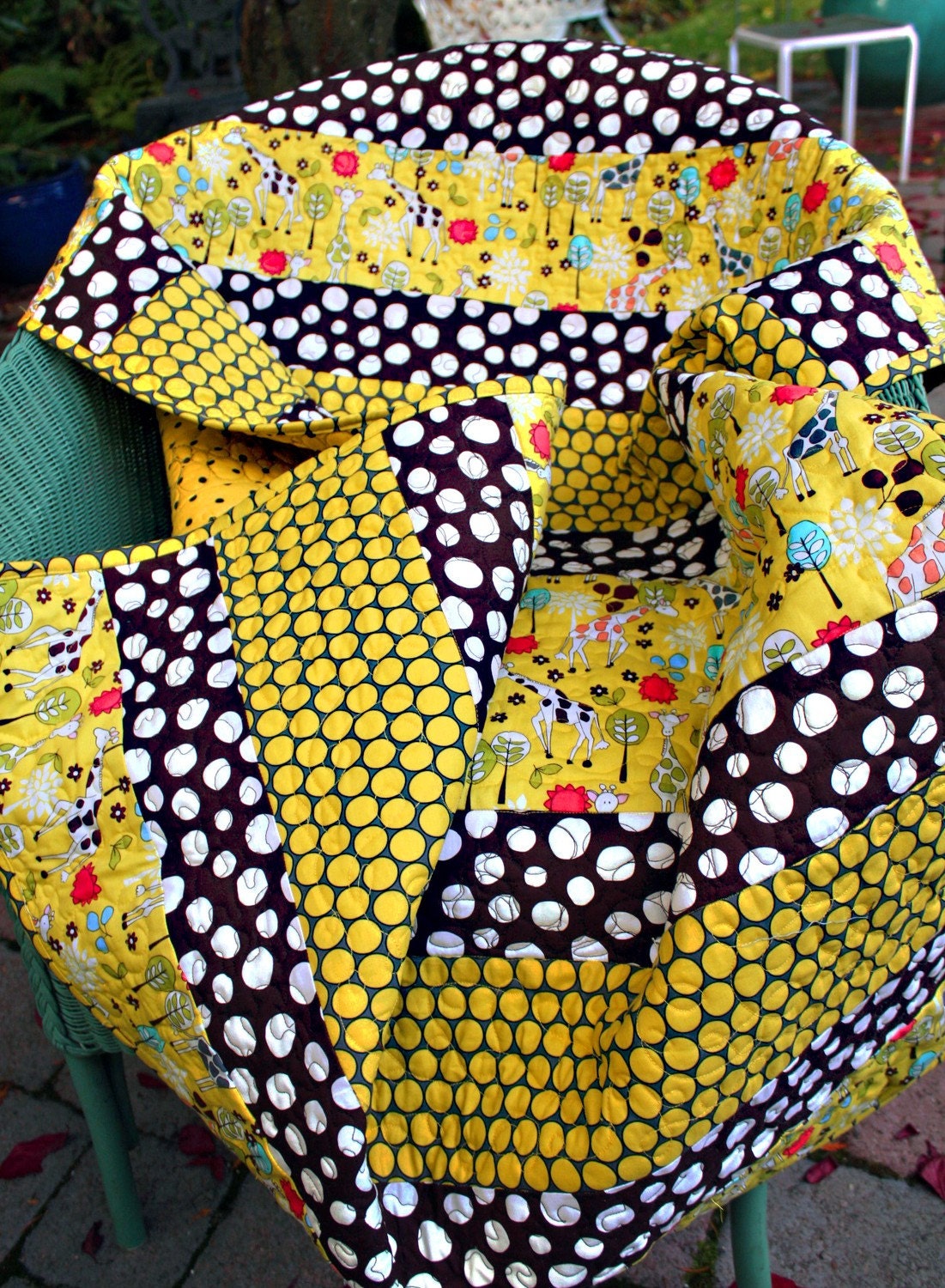 Modern Baby quilt with giraffes Seeing Spots citron brown and yellow