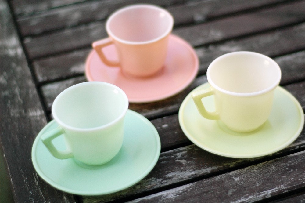 Vintage Set of Three Pastel Cups and Saucers