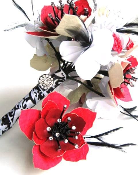Black and White Damask Bridal Bouquet with Red Anemone Paper Flowers with 