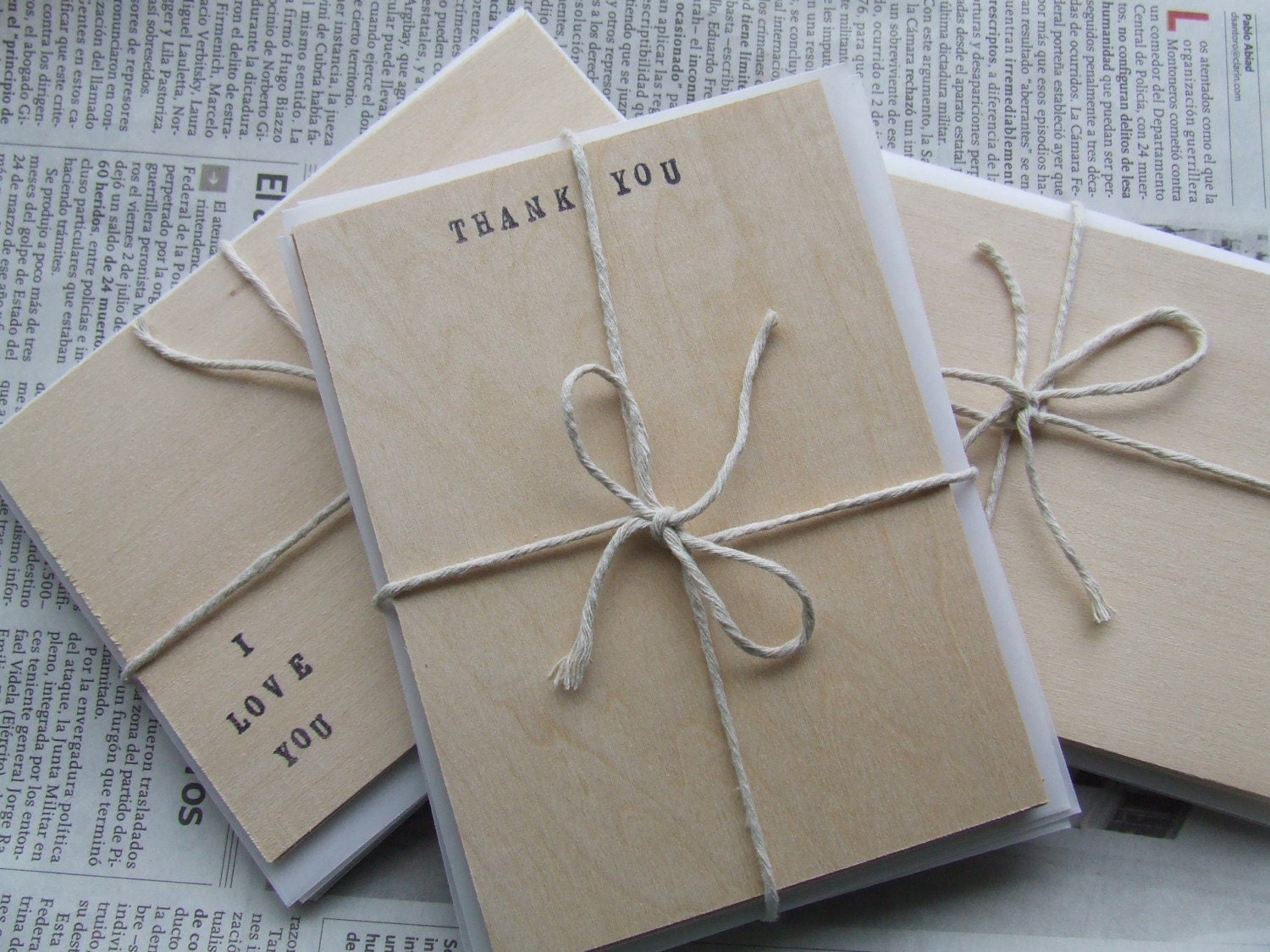 THANK YOU wood stationery set of five note cards and envelopes by Paloma's Nest
