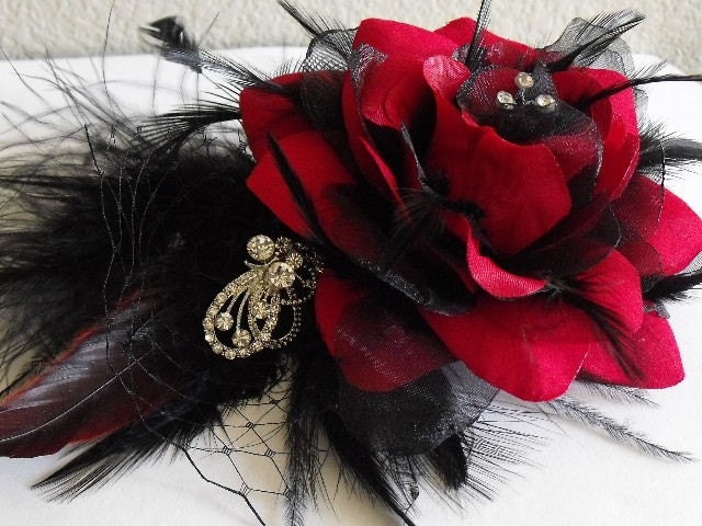 Stunning Couture Headpiece in Black and red or Champagne Ivory 