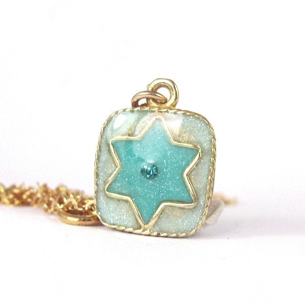 gold star of david necklace. Gold Necklace -Pale blue Star of David in an mint square