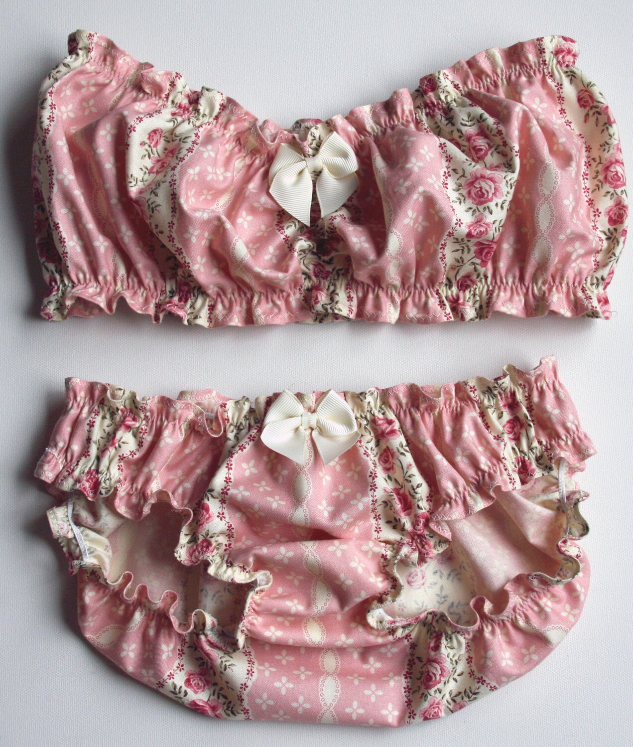 Pink vintage floral cotton bandeau set - Made to order