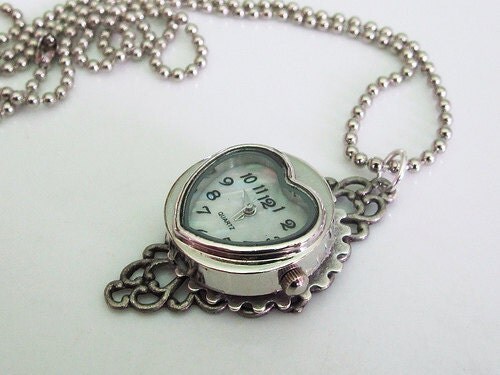 Custom Silver Heart Steampunk Clock Necklace with Decorative Gear