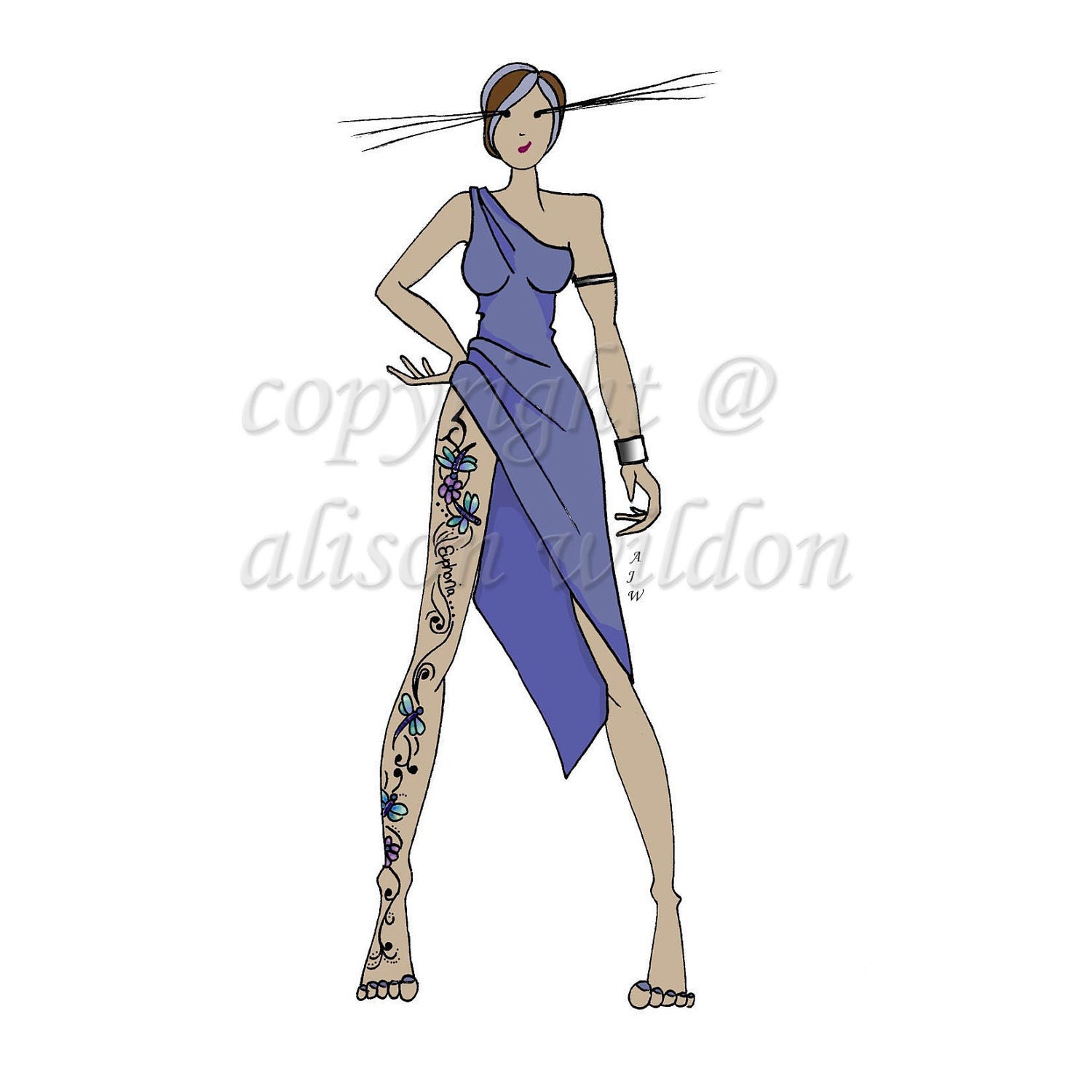 Illustration of Lady Euphoria, in a purple dress with detailed leg tattoo.