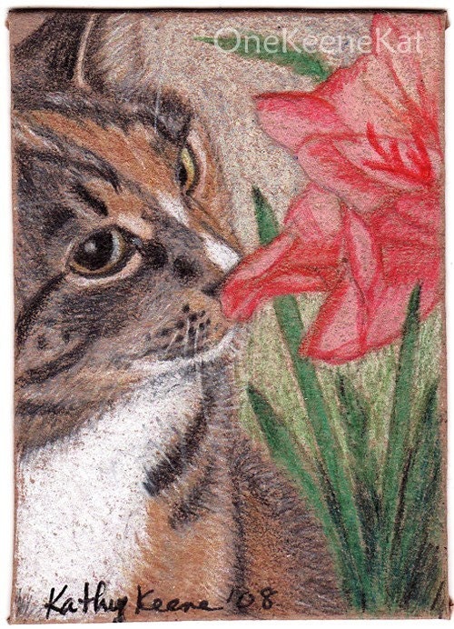 ACEO PRINT Tabby Cat Sniffing Flowers Colored Pencil Drawing CaaT