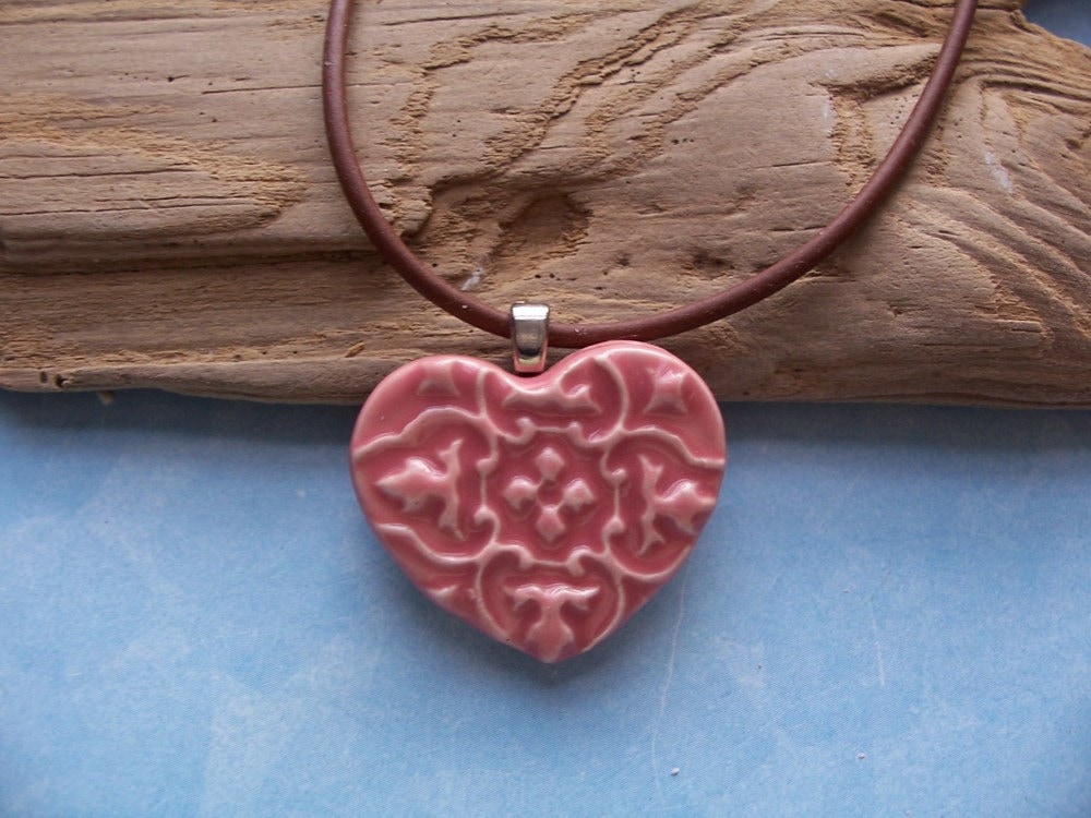 Pink Heart Necklace Ceramic 1 1/4" 