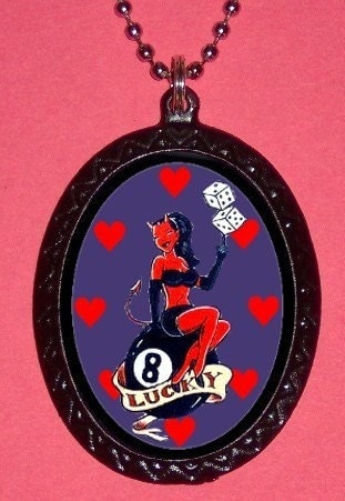 Lucky 8 Ball Tattoo Devil Goddess Red Hearts Handcrafted Handcasted Metal 
