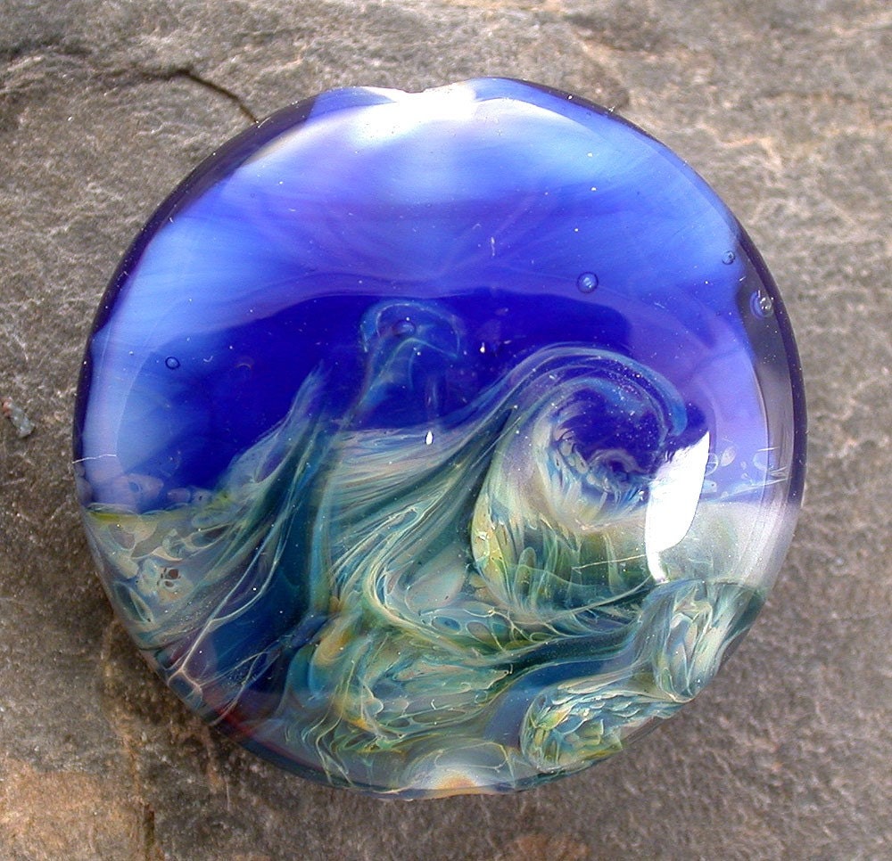 Bluefishing No. 1 Large Boro Lentil Lampwork Glass Bead