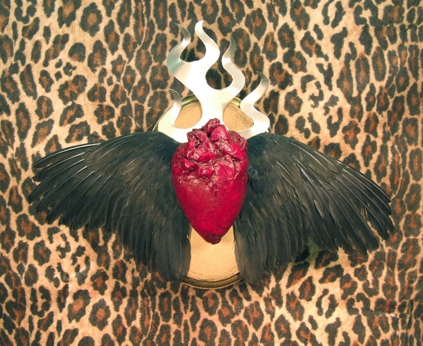 FLYING SACRED HEART TATTOO FLASH PLAQUE real flaming winged taxidermy wall 