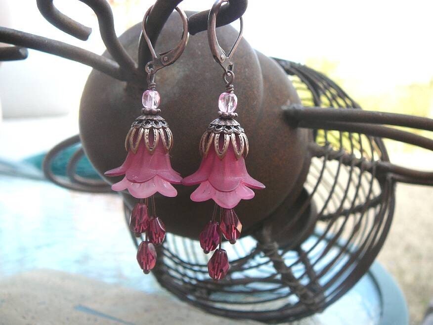 Be Mine - Burgandy and Pink Lucite Flowers, Czech Glass, Antique Copper Blooming Earrings