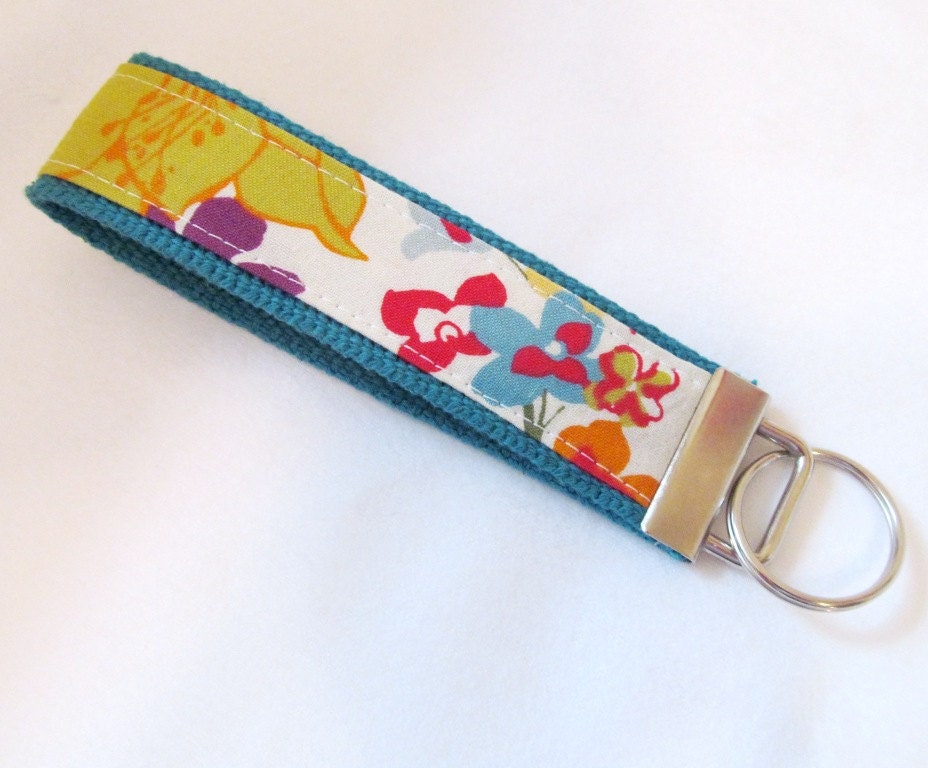 Wristlet Key Fob Key Chain in Vintage Floral - Your choice of dark teal or yellow webbing