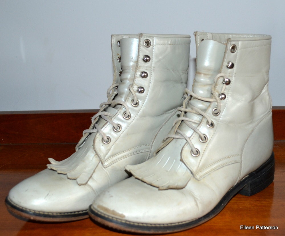 Vintage 70s Justin Boots Women's Ivory Leather Lace Up Military Hippie