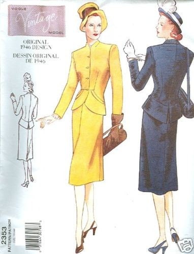 Sewing Pattern Vogue 2353 Original 1946 Design Misses' Jacket  Skirt  Size 6 -10 Bust 30-32 Uncut Complete