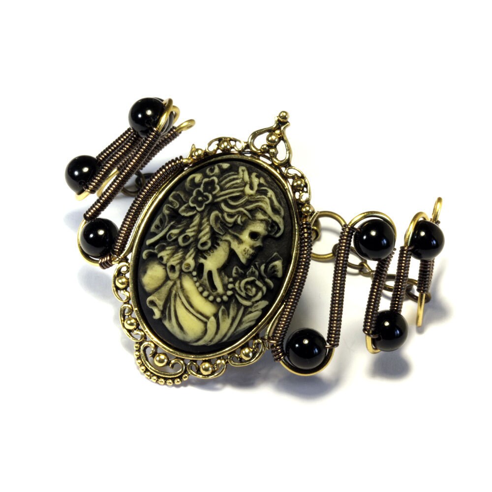 Steamgoth Bracelet - Ivory and Black  Victorian Zombie Cameo
