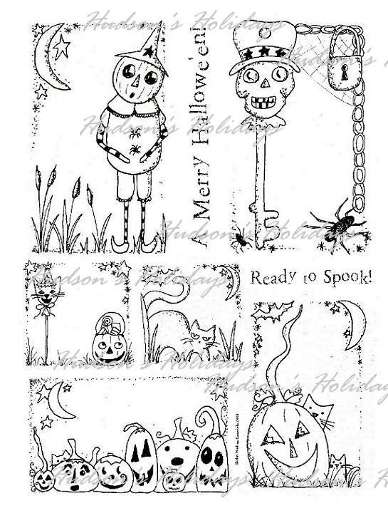 old HALLOWEEN ART LABELS-  Paper Sheet  vintage like Pumpkin cat skeleton skull collage sayings scrapbooking primitive tag digital