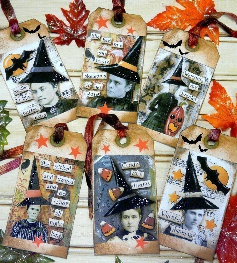Old Witch Halloween Tags - Collage Paper Sheet Email U Print art vintage saying photos sayings Altered atc aceo scrapbooking primitive