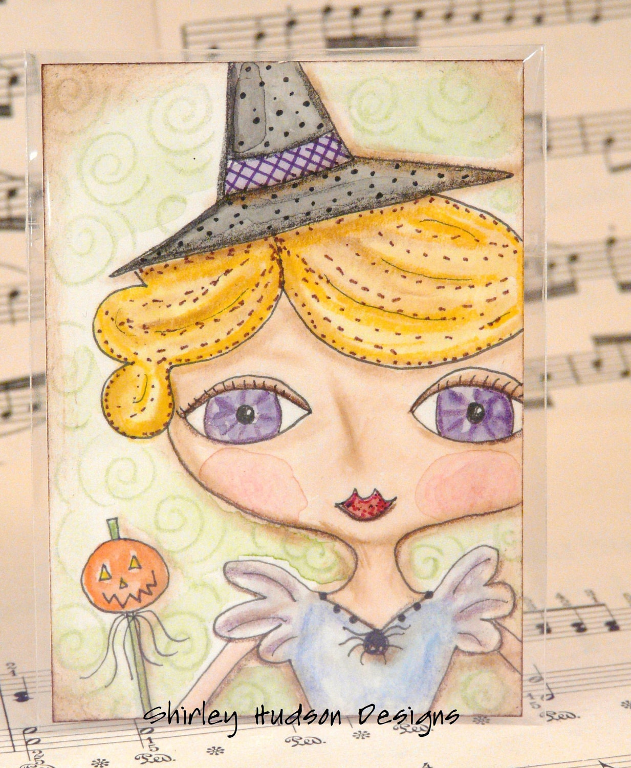 Sweet Halloween Witch Original ATC card - ACEO watercolor Pumpkin ink painting