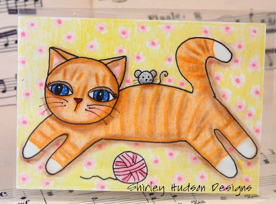 Orange Tabby cat mouse Original ATC card - ACEO yarn watercolor ink painting