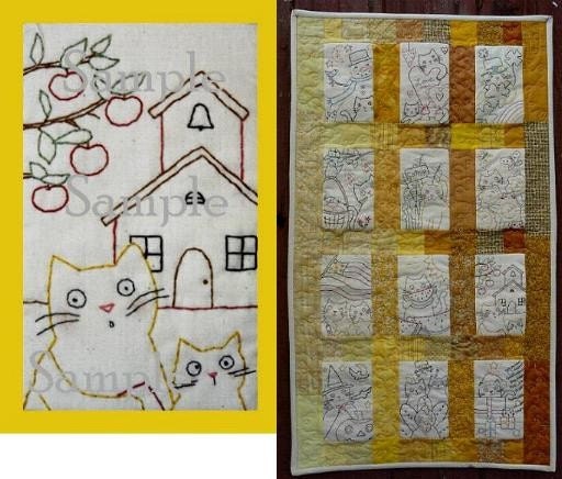 KITTY CAT with SCHOOLHOUSE APPLES FALL quilt E PATTERN DESIGN Seasonal stitcheries primitive embroidery