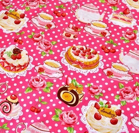 Tea Time Print ( Cake, Macaron, Strawberry, Cherry ) Half Yard Dark Pink