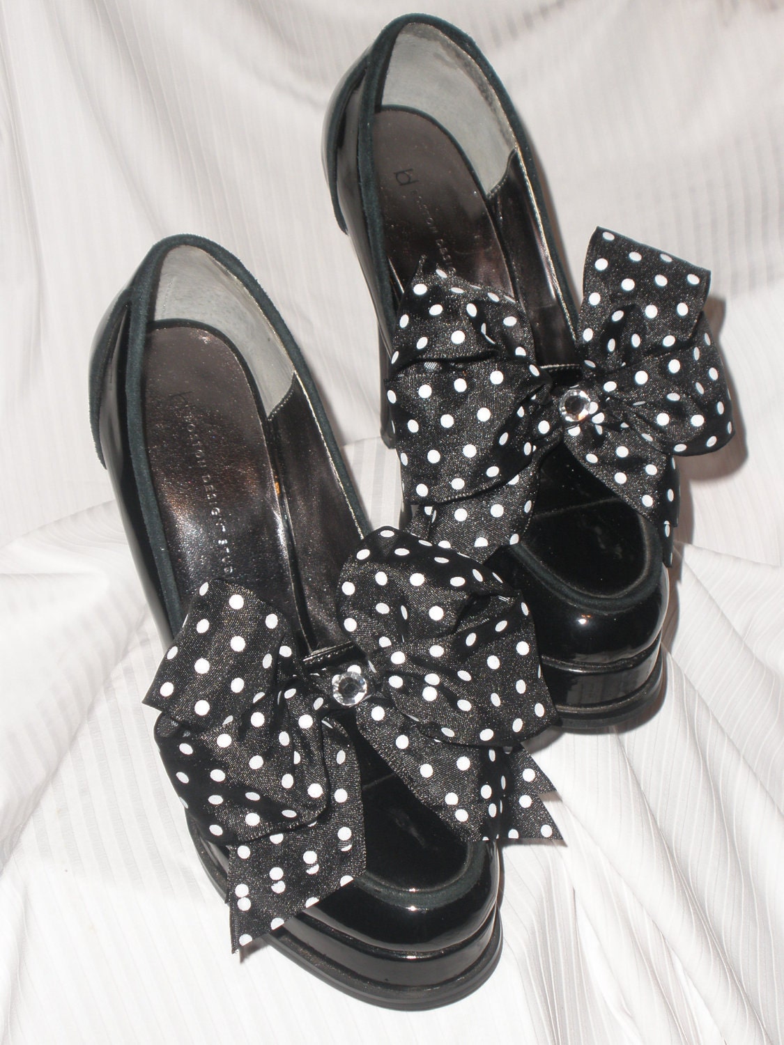 Black & White Polka Dot Shoe Bows Stick On's w/ Rhinestone Shoe Accessories for High Heels, Flat, Bridal Party, Women Shoes, Not Shoe Clips