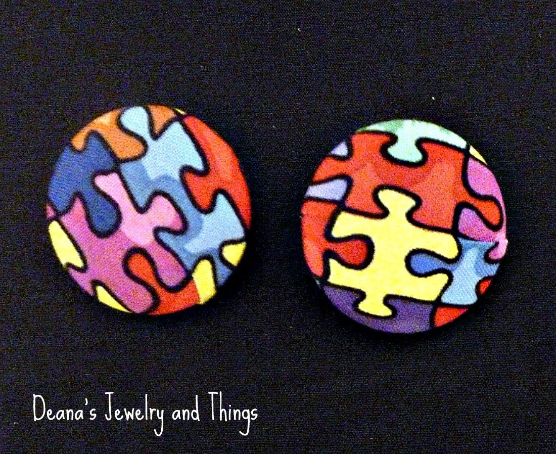 Puzzle Fabric Button Earrings 1 1/2"