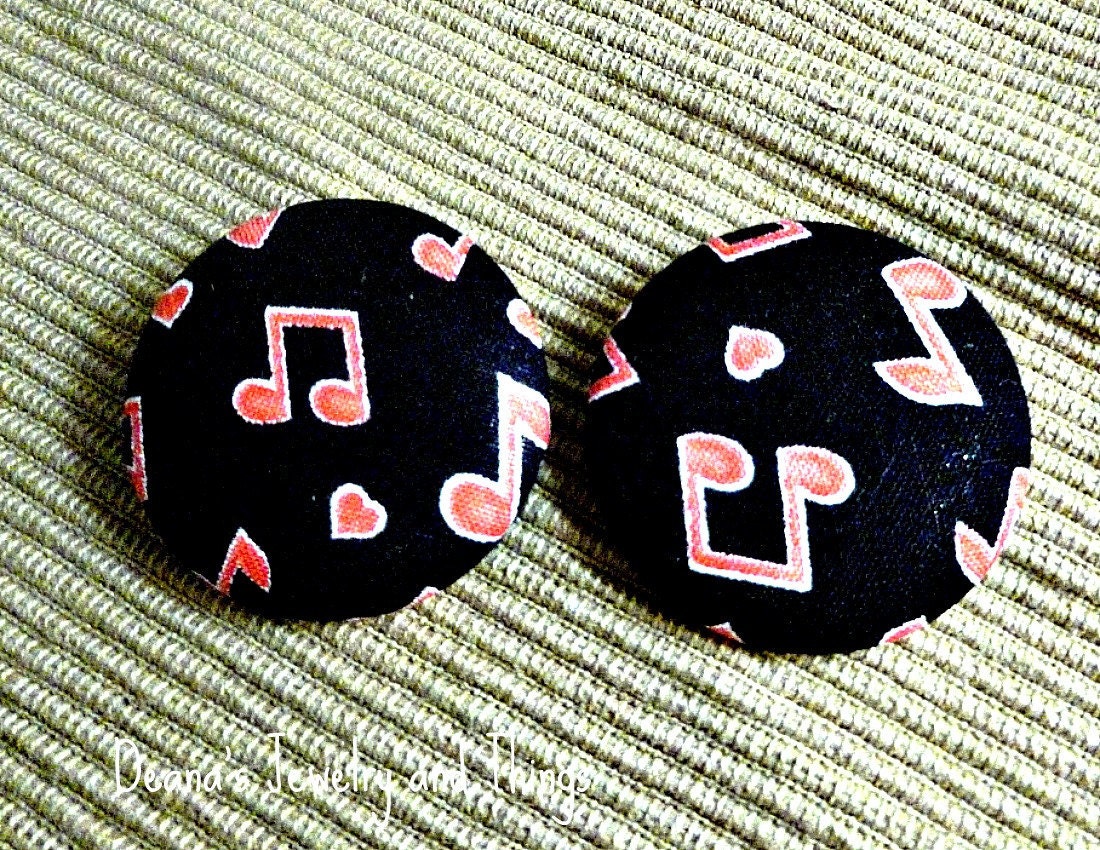 Musical Notes Fabric Button Earrings 1 1/2"