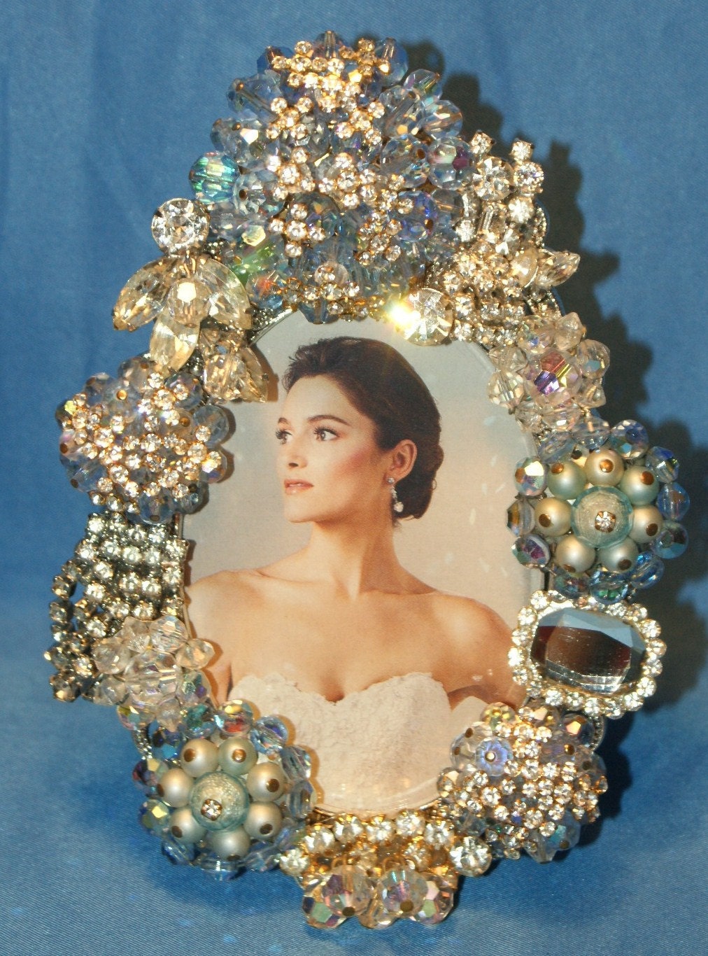 Sparkling Baby Blue Crystal and Rhinestone Jeweled Picture Frame OOAK
