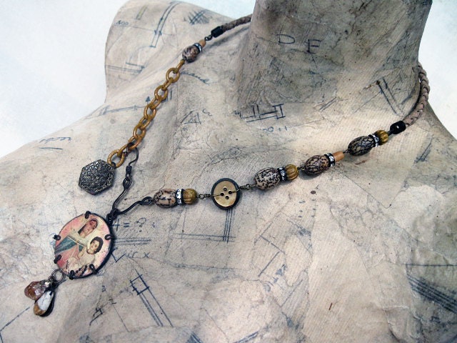 Earth Mother. Rustic Gypsy Victorian Tribal Virgin Mary Necklace.