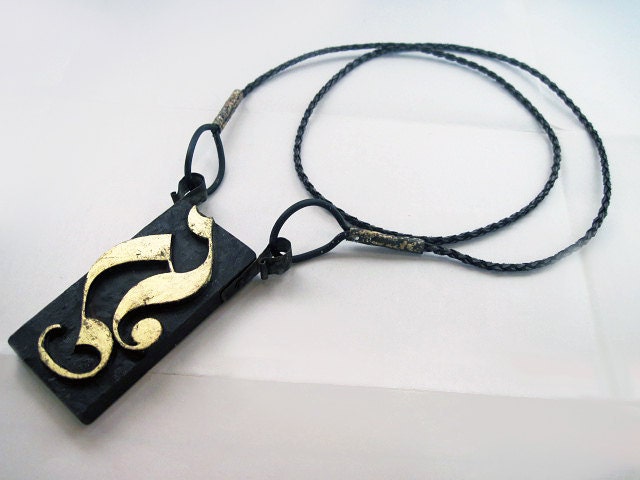 A for Aberash. Woodblock Print Long Black Necklace with gold leaf.