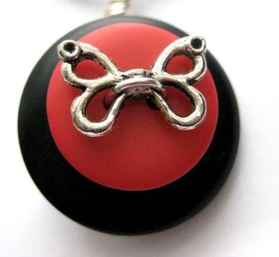 SALE Butterfly Button Pendant. Tomato Red and Black Button Pendant Necklace. Sally