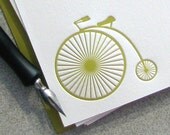 Penny Farthing Bicycle Letterpress Note Card Set - Fathers Day - Vintage Bicycle, Chartreuse Green, Peridot -10 pack (NVB2)