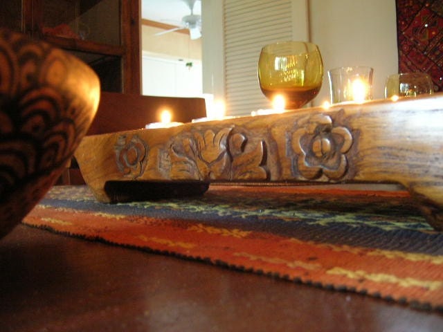 Gorgeous Vintage Indonesian Teak Long Candle Holder Wood Engraved Sides Votive or Tea Lights