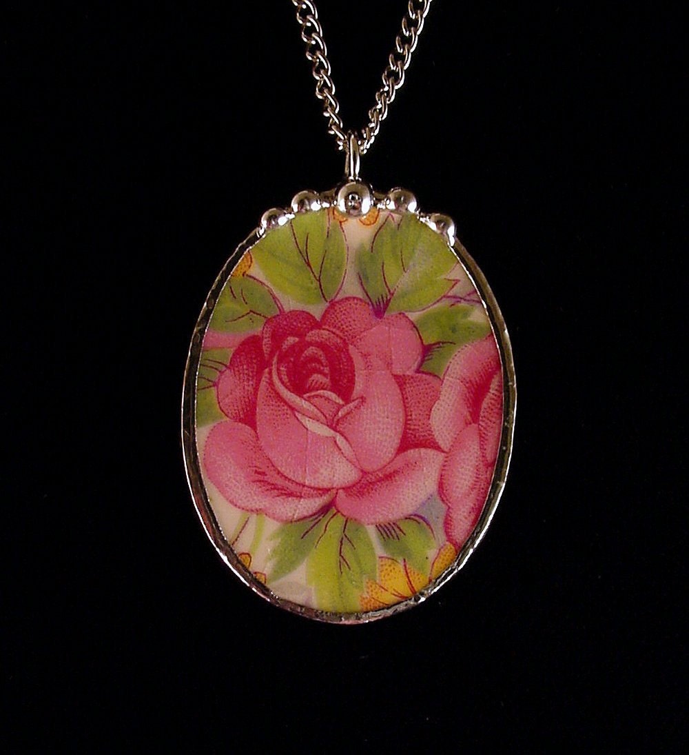 Broken China Jewelry Pendant oval pink cabbage roses made from a broken plate